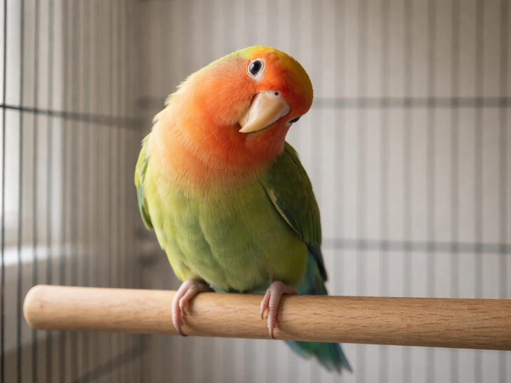 Lovebird perched with a clear head tilt and unsteady posture inside a plain indoor cage.