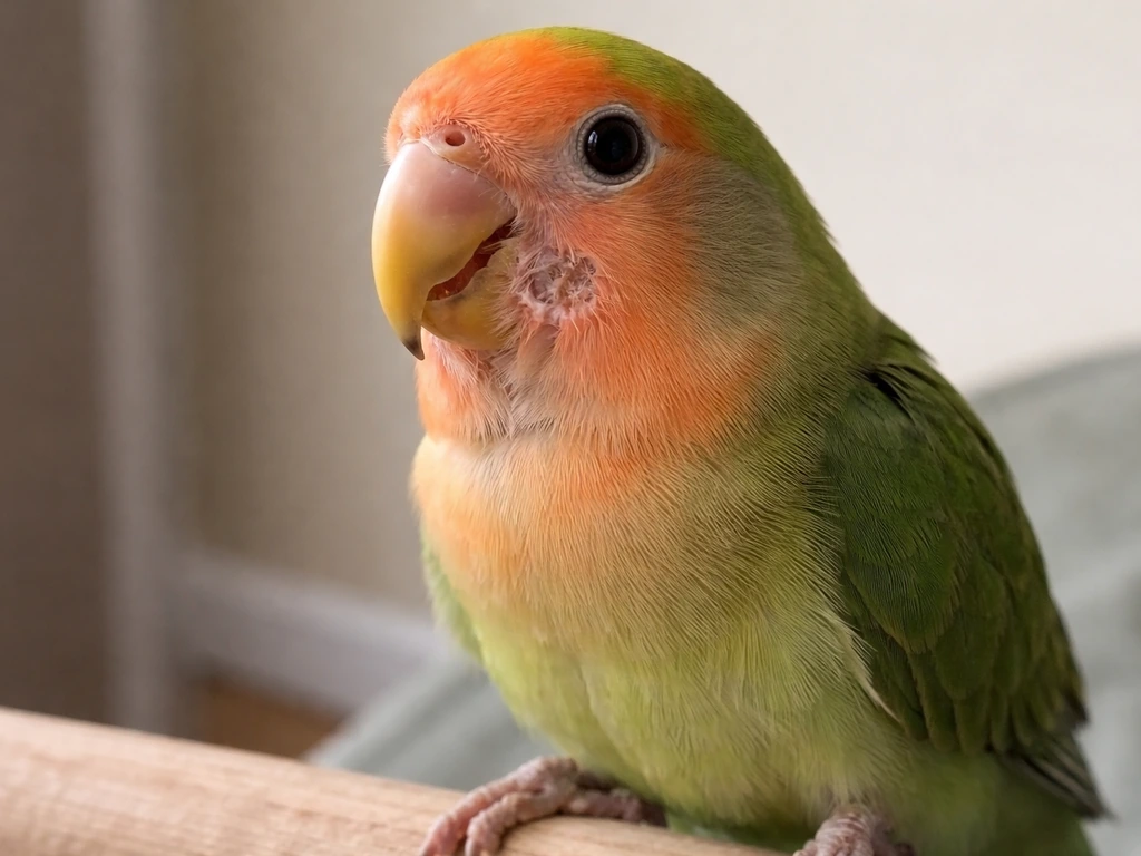 Close-up of a lovebird showing featherless, patchy irritated skin near the face and leg.