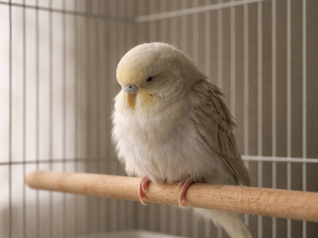 Minimal photo of a small bird in a cozy cage setting with soft neutral background.