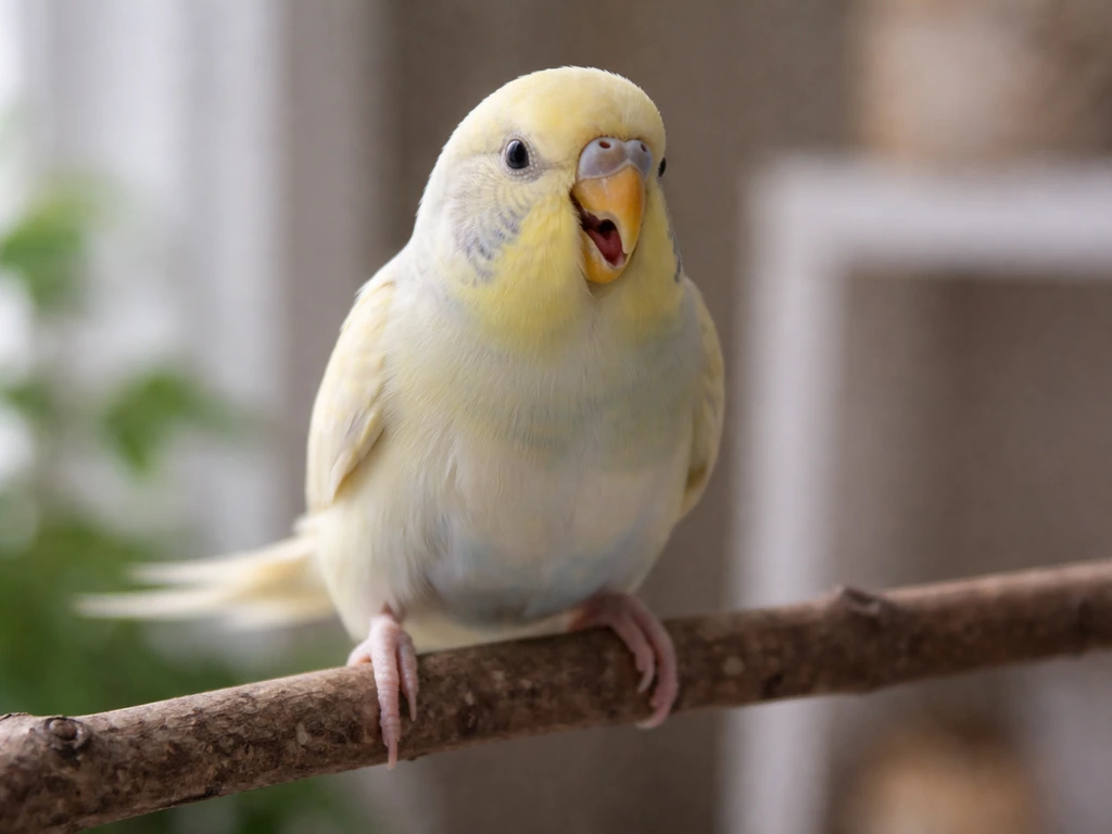 Close-up of a small pet bird showing open-mouth breathing at rest and gentle tail bobbing.