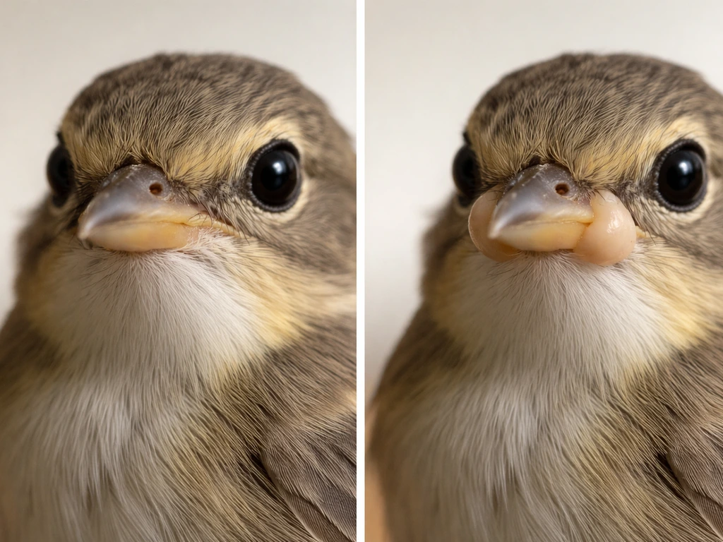 Split close-up of a bird beak: left shows color discoloration, right shows beak swelling.