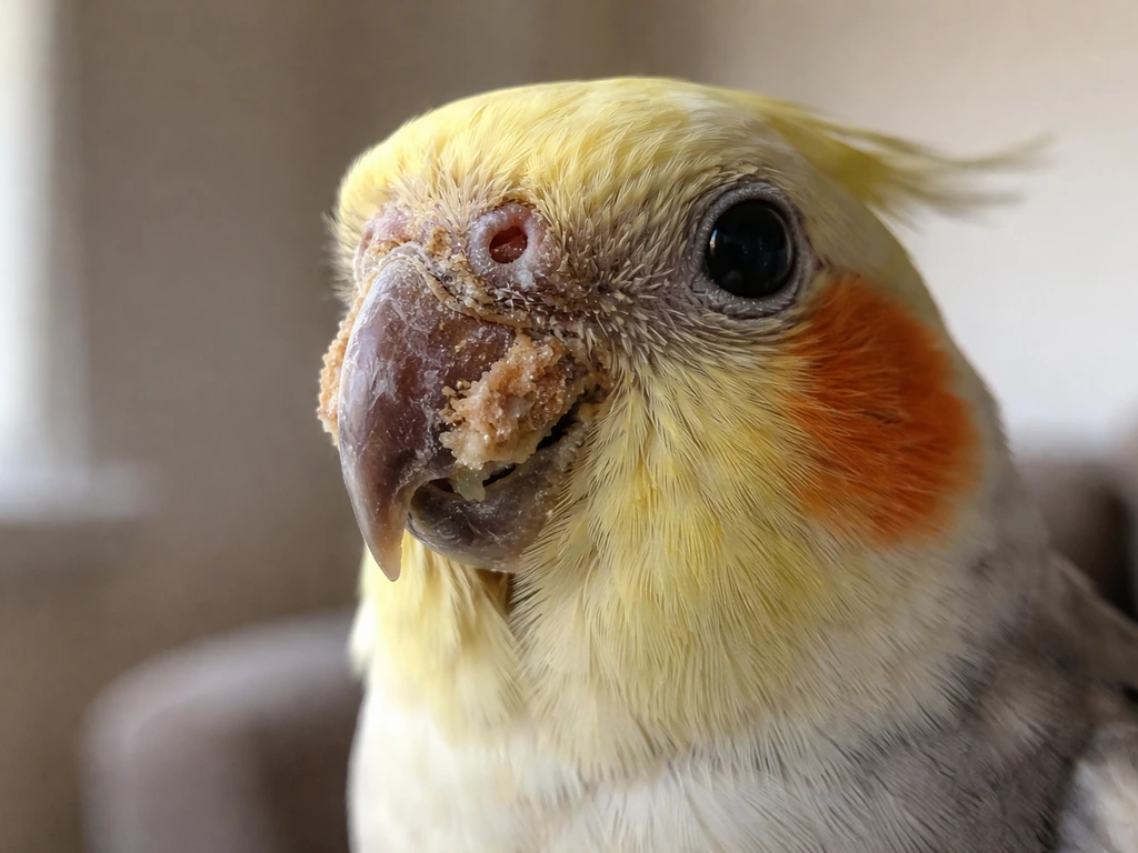Close-up of a bird’s beak with crusty sores and slight pale discharge around the nostril area.