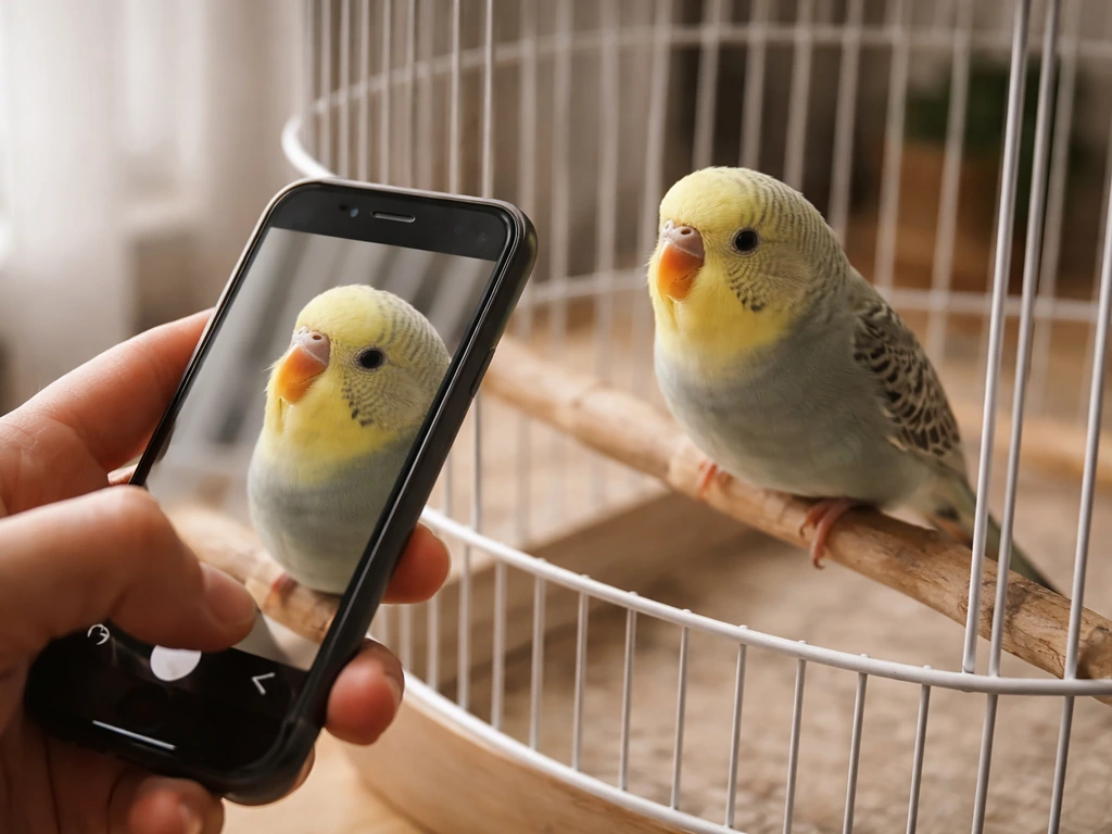 Close-up of a hand holding a phone above a small pet bird for beak monitoring at home