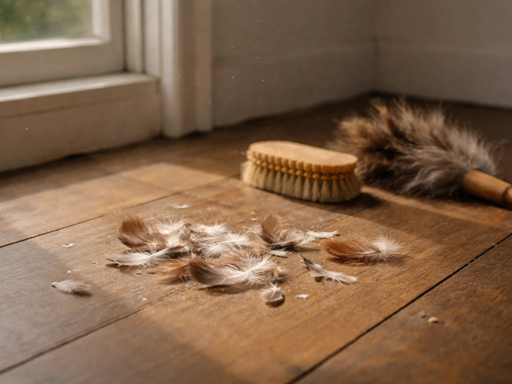 Loose bird feathers scattered on a wooden floor with a cleaning brush nearby in natural sunlight.