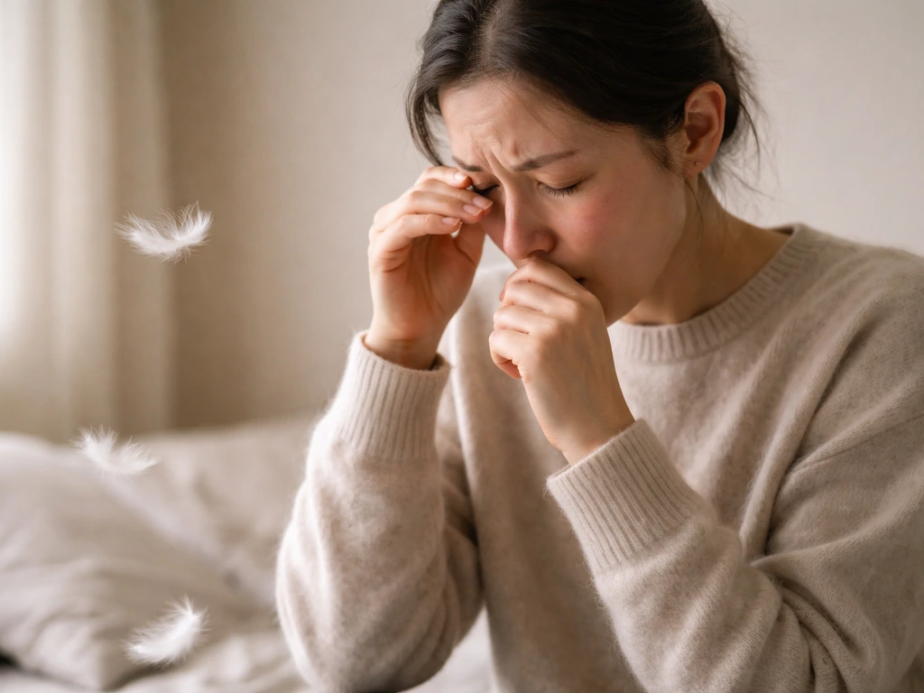 Person moments after feather exposure with watery eyes and a slight cough, indoor natural light.