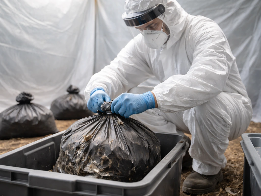 PPE worker sealing a bag of contaminated bird feathers during flock cleanup.