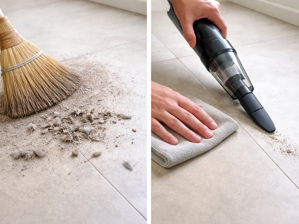 Split-floor scene showing dry sweeping leaving dust and droppings versus HEPA vacuum and damp cleaning removing residue.