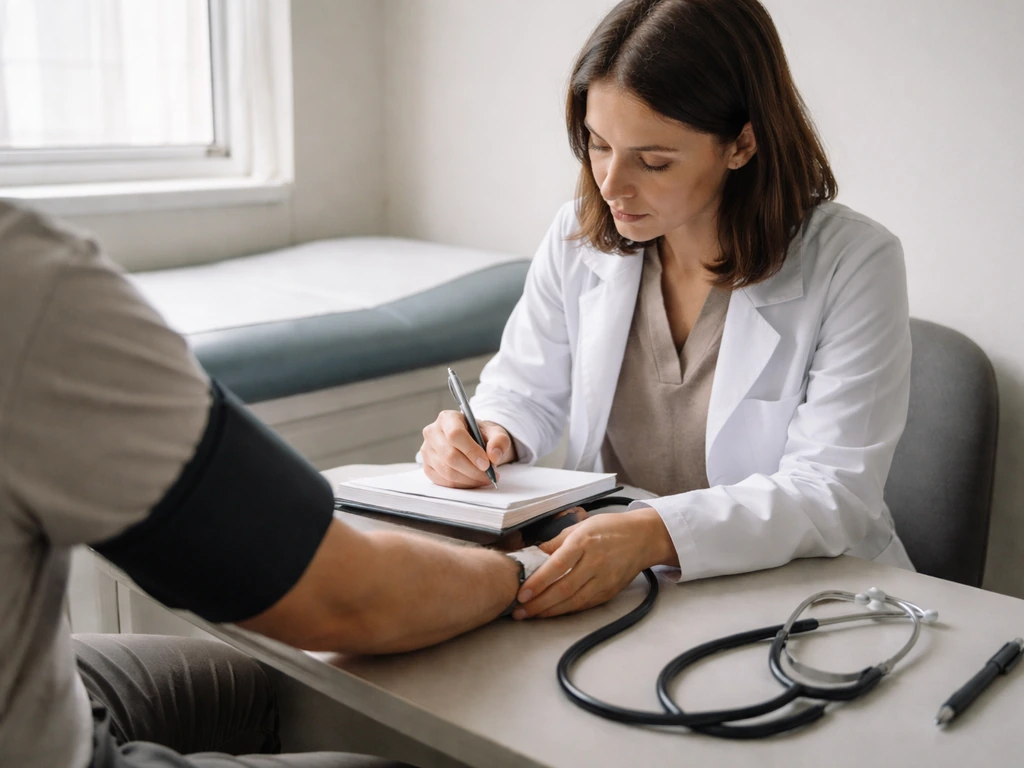 Doctor in a quiet exam room reviewing a patient’s symptoms with a clinician notepad and stethoscope.