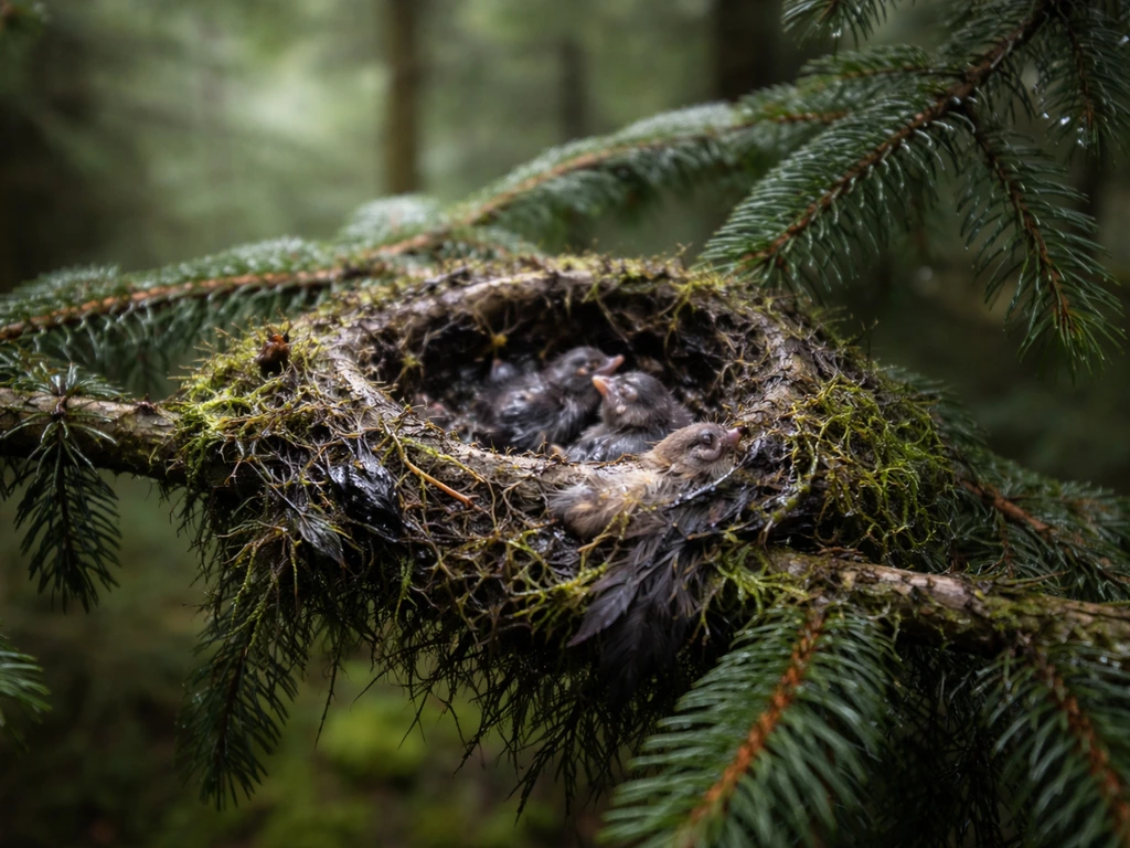 Spruce branch with an active, slightly damp bird nest and tiny chicks, subtle moldy dampness in the lining.