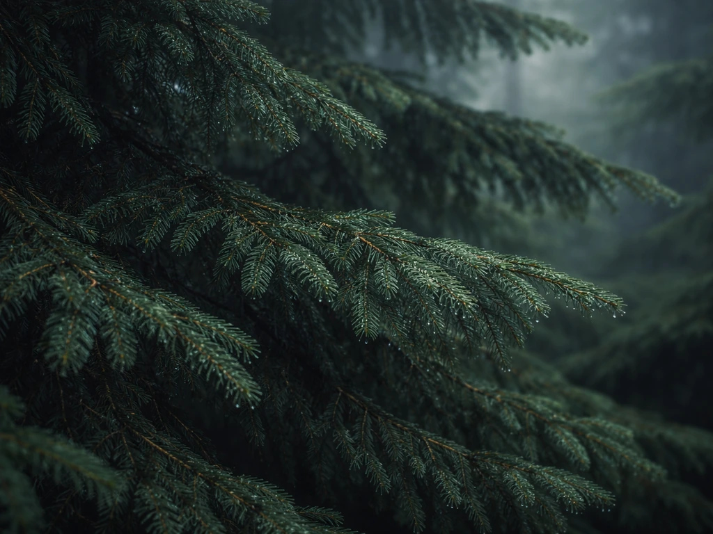 Close-up of a damp spruce canopy with moisture on needles and dense branches in soft light.