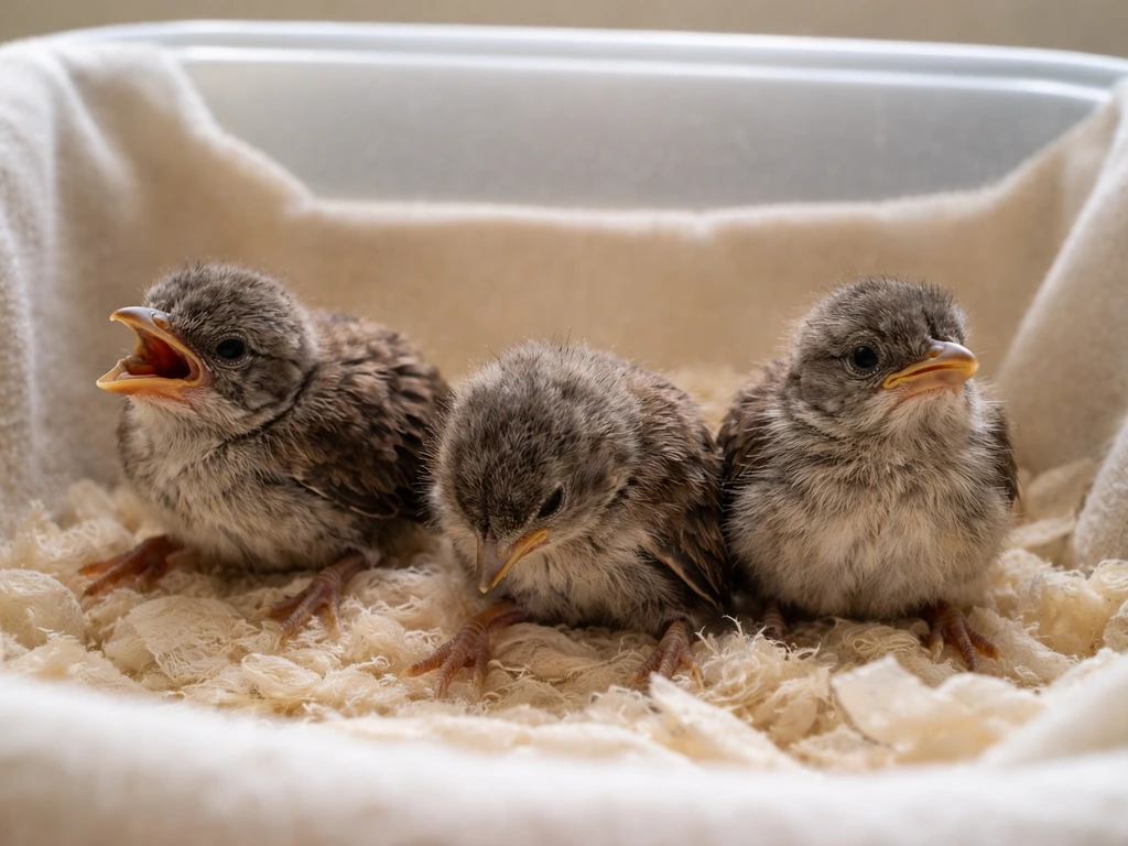 Three nestlings on soft bedding: one breathing with open mouth, one weak, one alert and healthy.