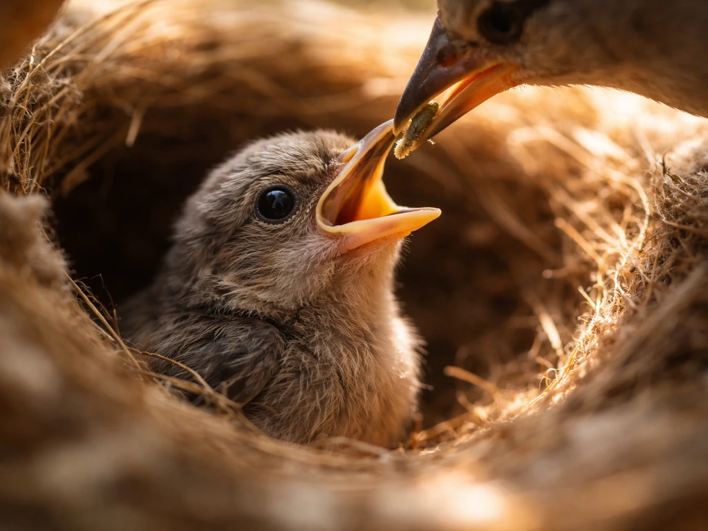 Healthy nestling in a nest swallowing feed from an unseen adult bird beak.