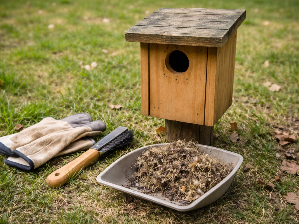 Gloved hands tools beside a birdhouse with dirty old nest material removed for cleaning.