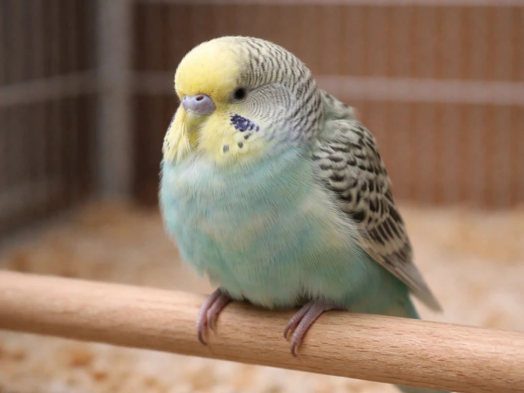 A single budgie perched indoors with slightly puffed feathers and an uneven posture, hinting at illness.