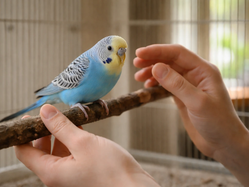 Anonymous person’s hands gently checking a calm budgie perched on a branch in natural light.