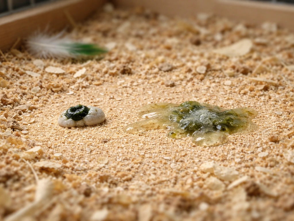 Close-up photo of a budgie cage floor showing normal droppings and a separate watery droppings spot for comparison