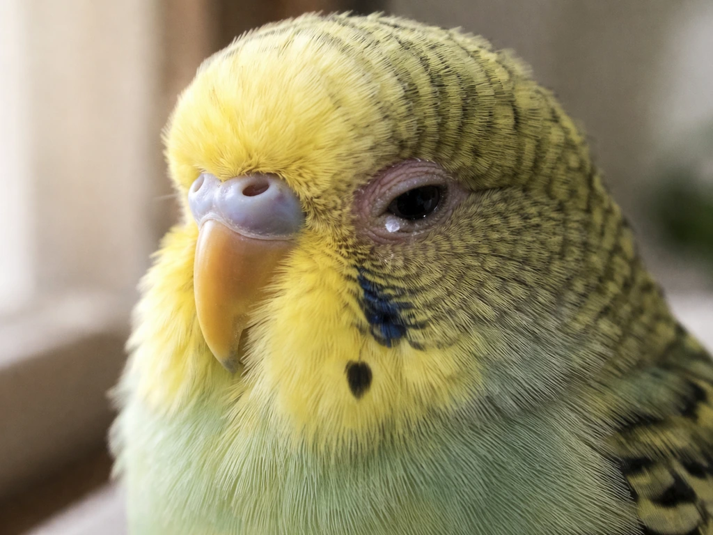 Close-up of a bird’s partially closed, watery eye with slight discharge and fluffed feathers.