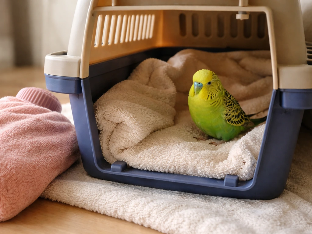 A small budgie calm inside a towel-lined warm carrier at home, with a safe external heat source nearby.