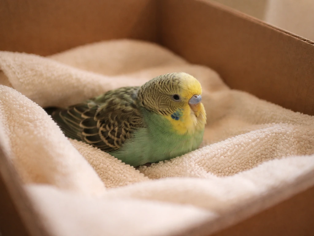 A small pet bird resting in a warm quiet recovery setup with soft towels and calm lighting