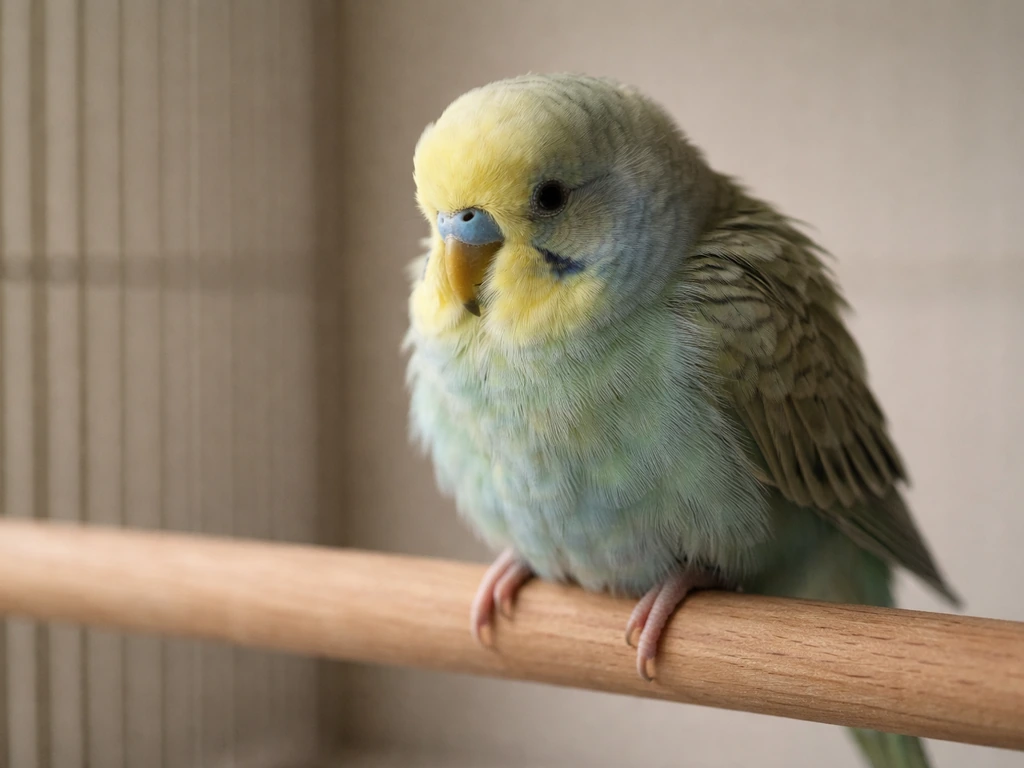 Close-up of a small bird with slightly ruffled feathers and lowered posture, calm but looking unwell