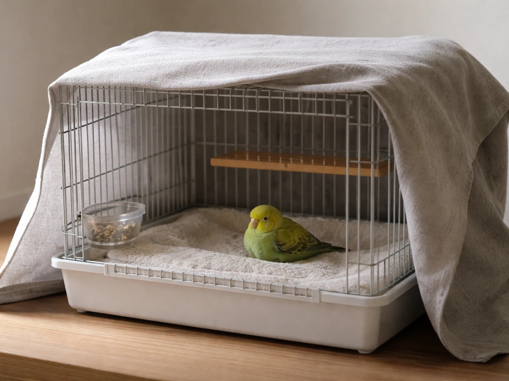 Small sick bird resting in a quiet, covered enclosure in a calm room