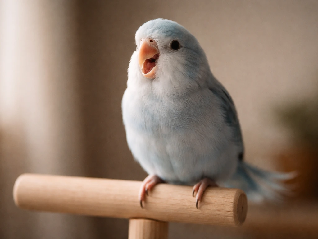 Small pet bird perched, beak slightly open as a visual cue of labored breathing.