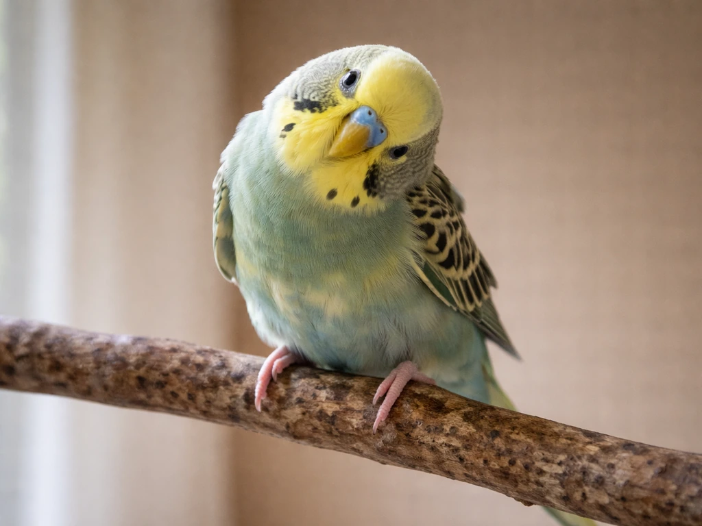 Small pet bird on a perch with a clear head tilt and unsteady coordination, indoor natural light.