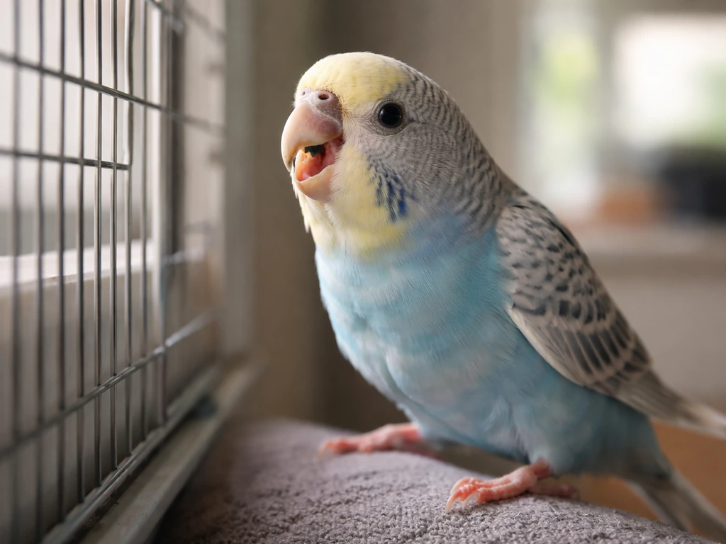 Small pet bird perched at home with open-mouth breathing and subtle tail bobbing, lung distress posture.