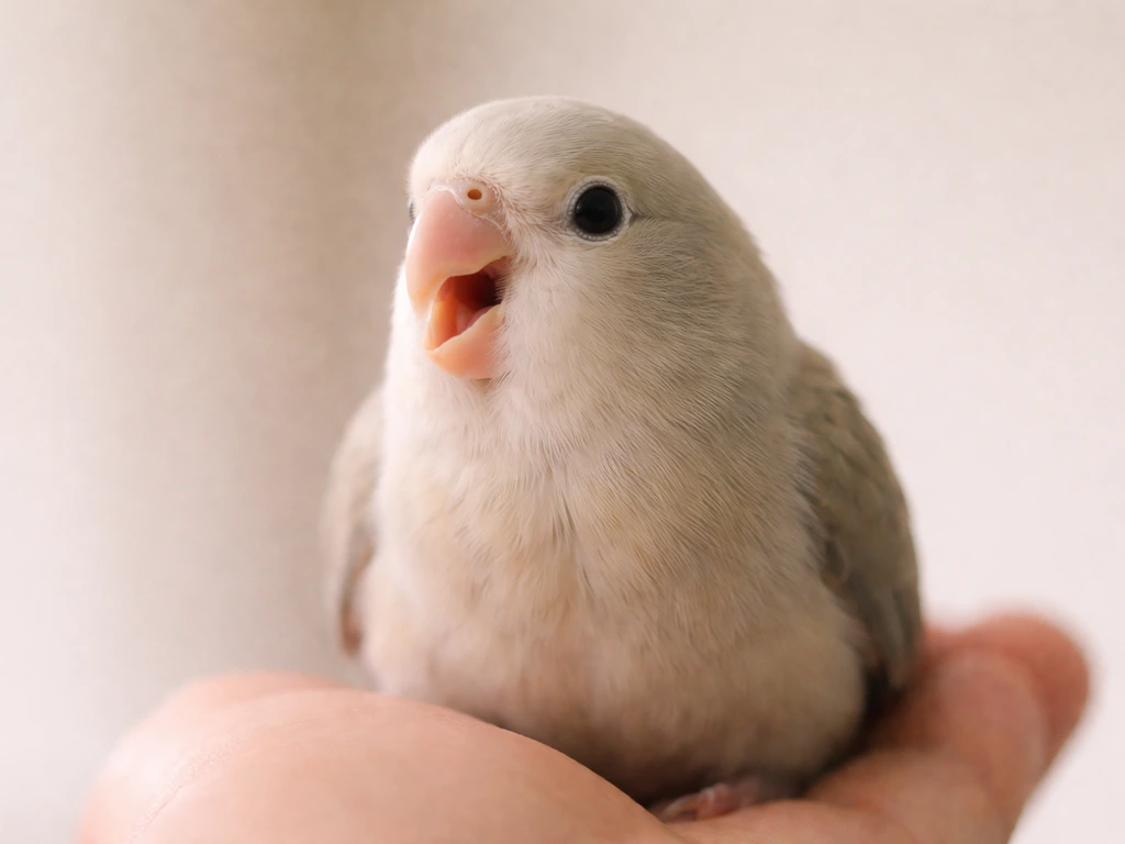 Close-up of a small pet bird breathing with its beak slightly open, held safely in a quiet room.