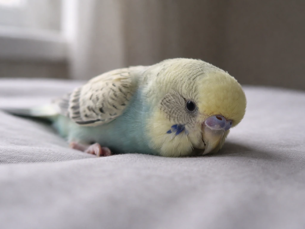 Close-up of a small bird on a plain surface with blue-tinged beak, looking weak as if collapsed