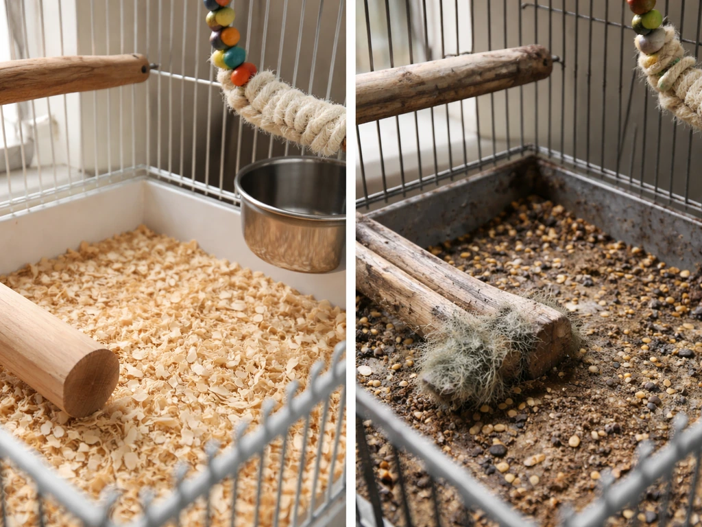 Side-by-side comparison of a clean bird cage and a contaminated, moldy worn substrate source.