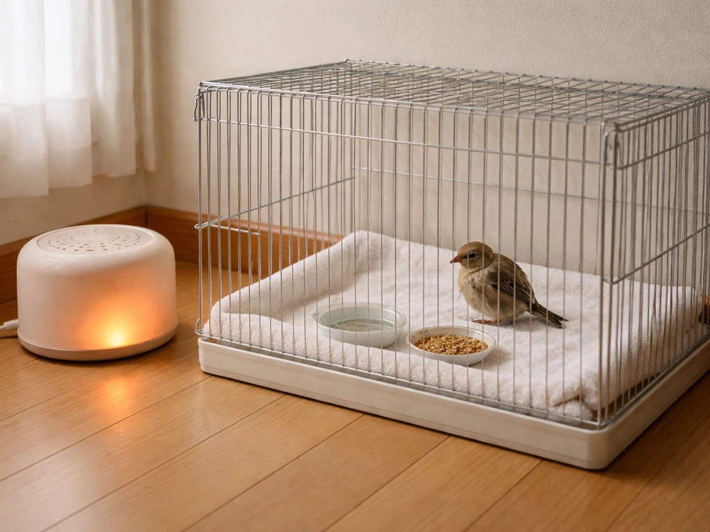 Warm, quiet floor-level cage with a small bird, with nearby low food and water in soft natural light.