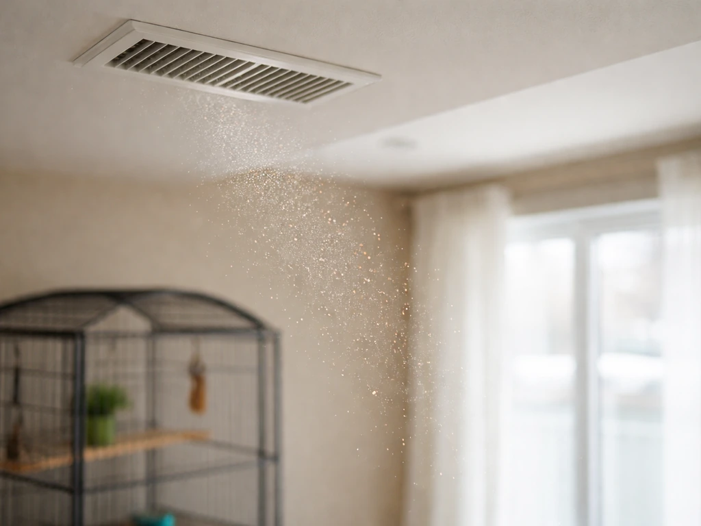 Air vent releasing tiny airborne specks near a closed bird enclosure, suggesting allergy-triggering dander particles.