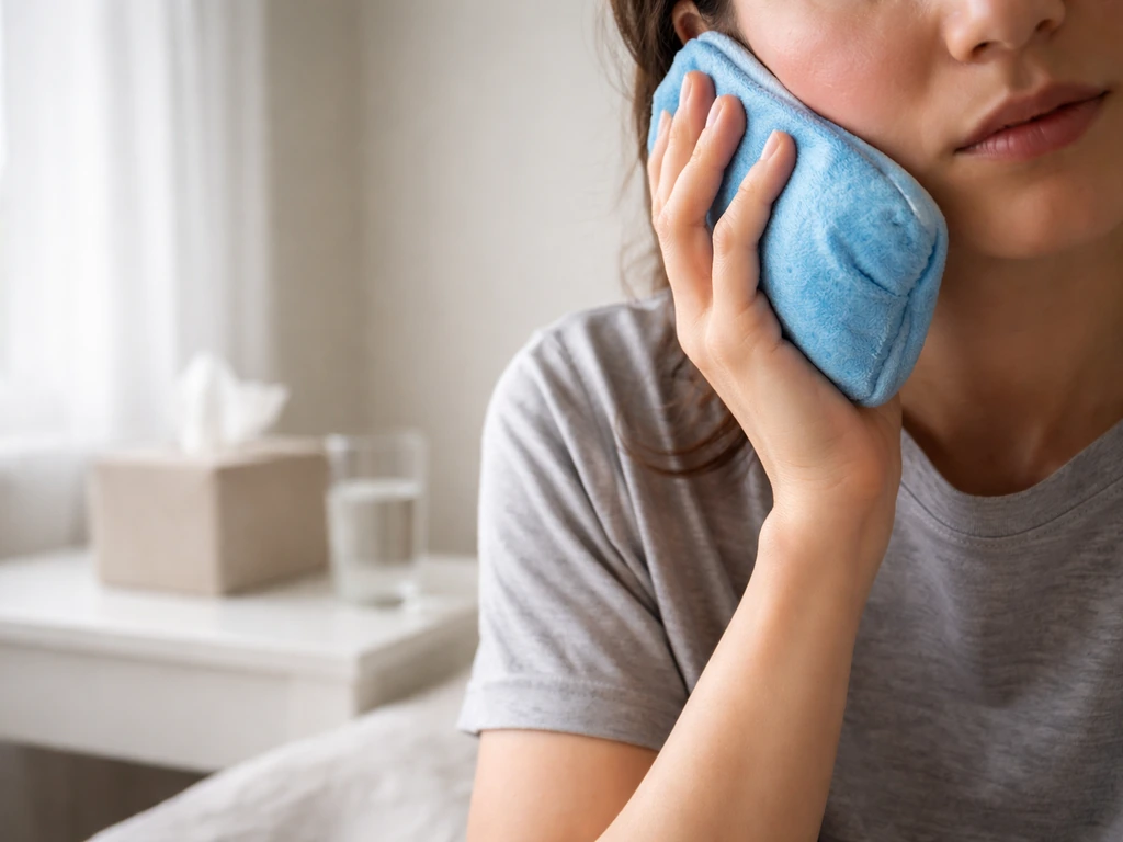 Person holding a cold compress near their face in a simple, well-lit home setting, suggesting allergy vs irritation