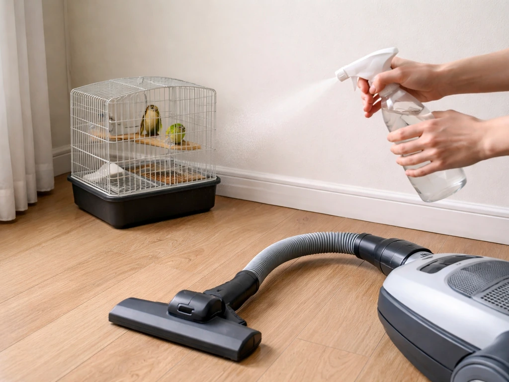 Hands lightly misting the floor near a small bird cage while cleaning with a HEPA vacuum.