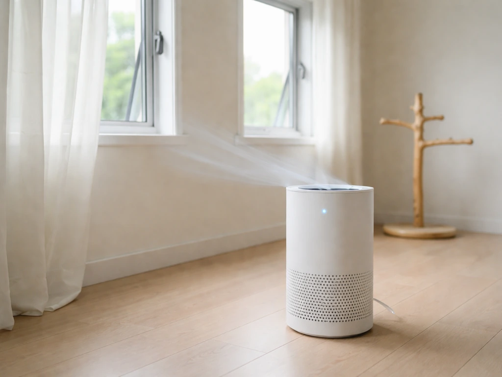HEPA air purifier in a bird room with windows cracked open for ventilation.