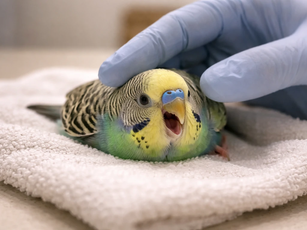 Distressed small pet bird on a towel while a caregiver’s gloved hand checks near its beak.