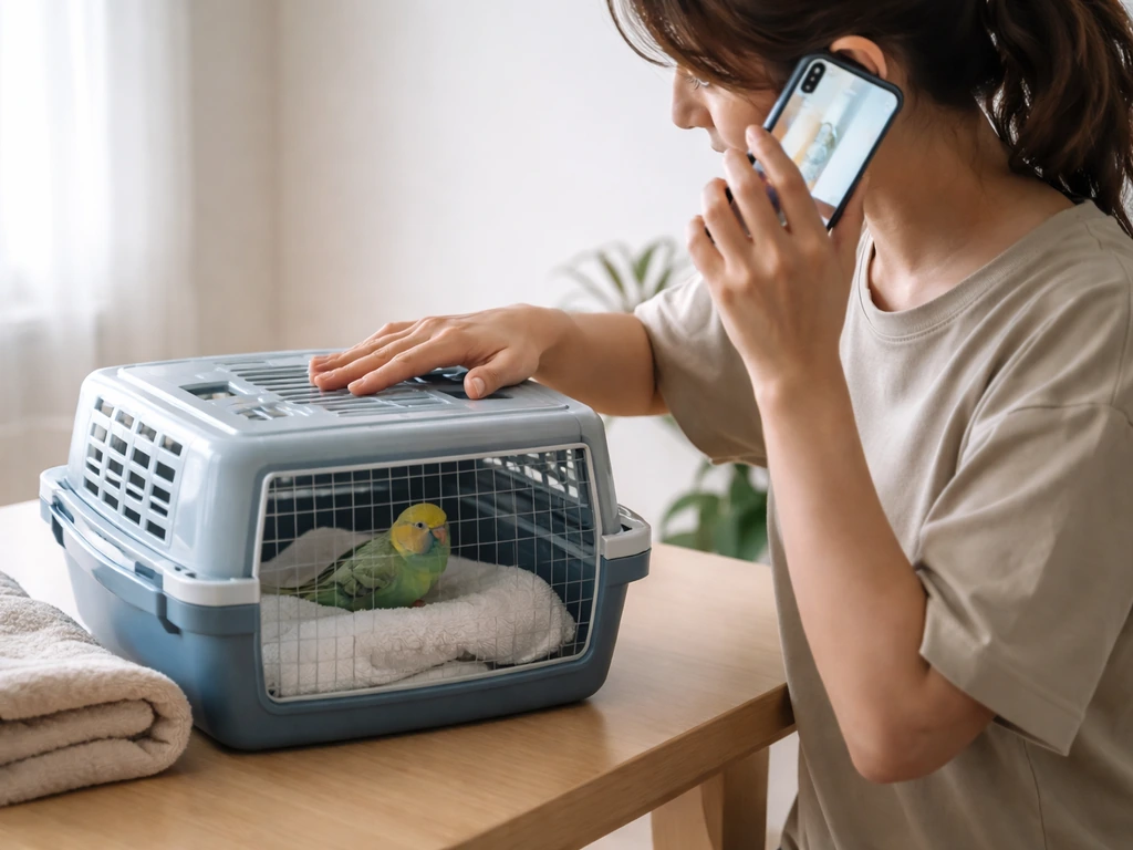 Caregiver calmly on the phone with an avian vet while a small bird rests inside a secure carrier.