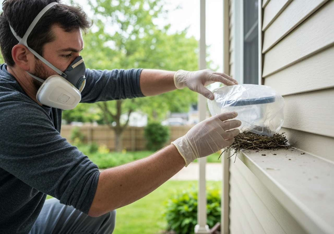 Homeowner in protective gear gently covering a bird nest outdoors with a container for safe cleanup