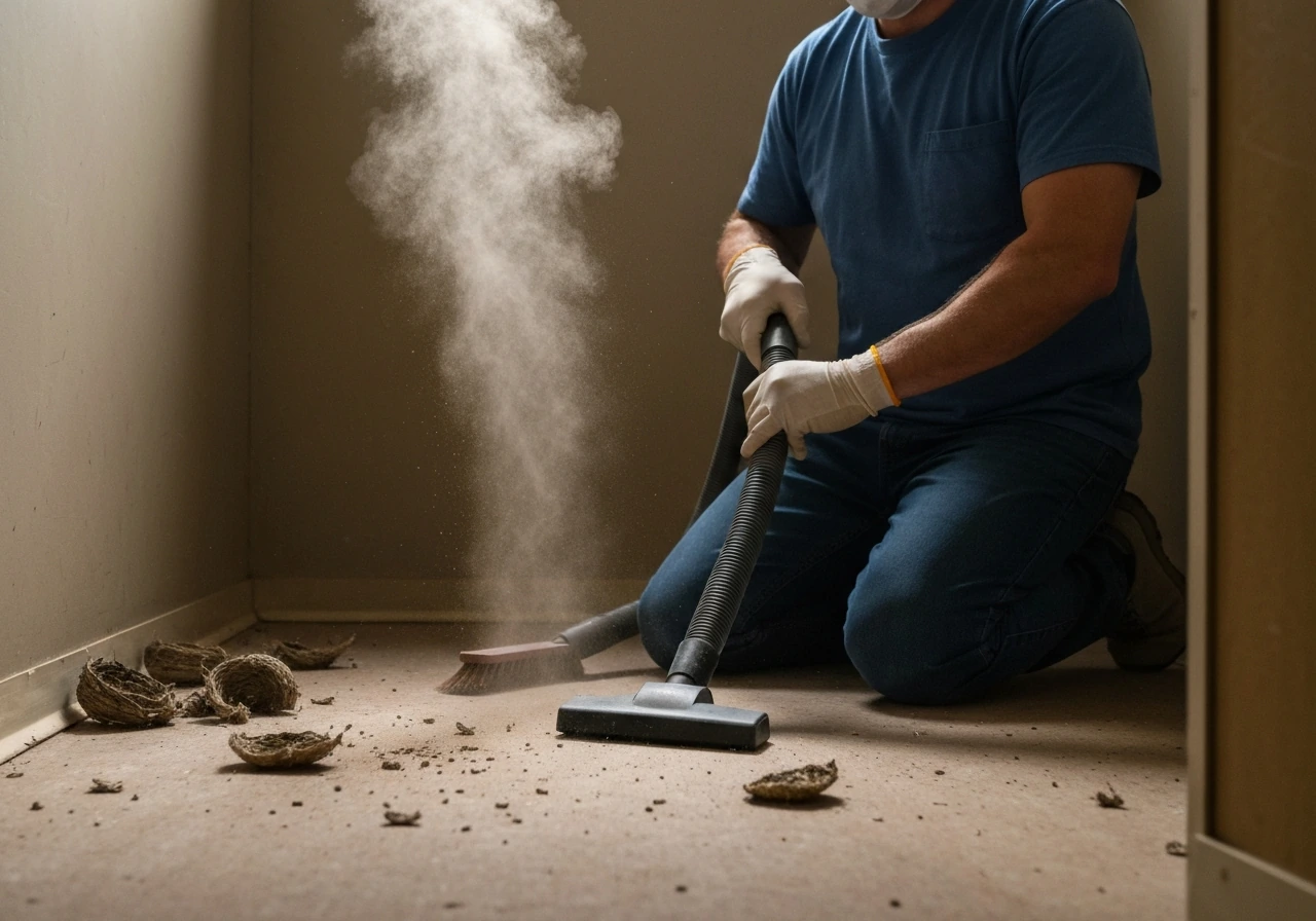 Person dry-sweeping and vacuuming suspected nest debris as a visible dust cloud rises in a dim room.