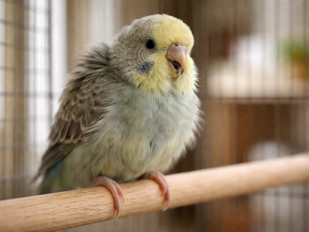 Close-up of a pet bird with ruffled feathers and alert posture indoors, signaling possible illness symptoms.