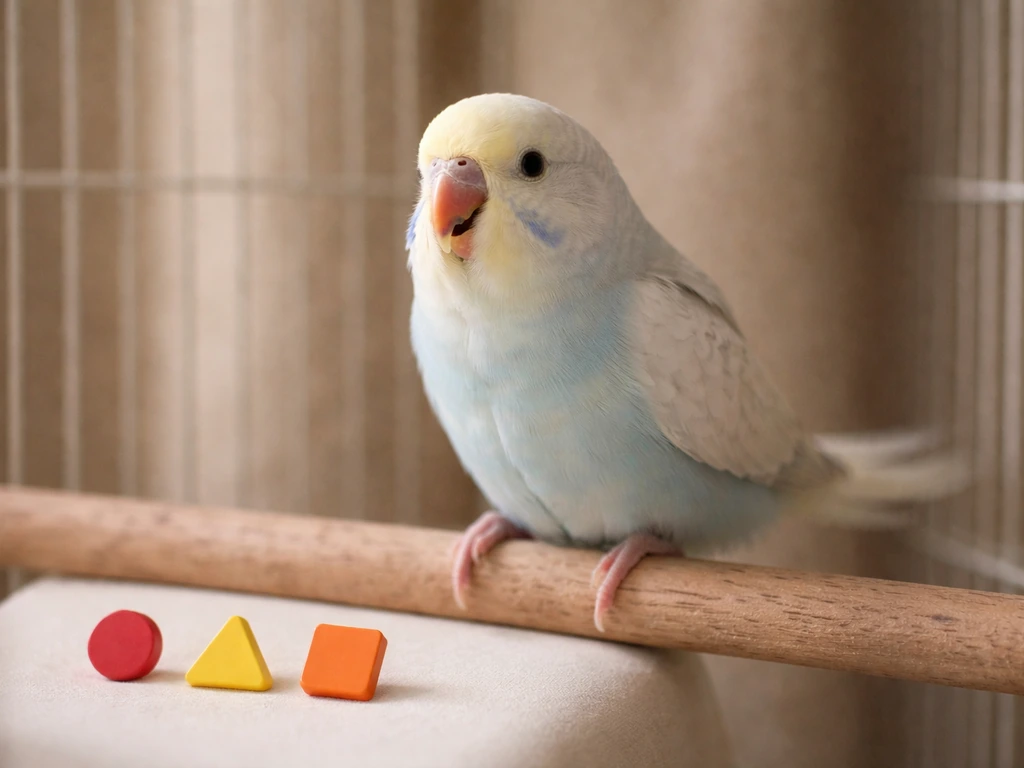 Close-up of a small bird in emergency-like posture beside simple icon cues, on a plain indoor background.