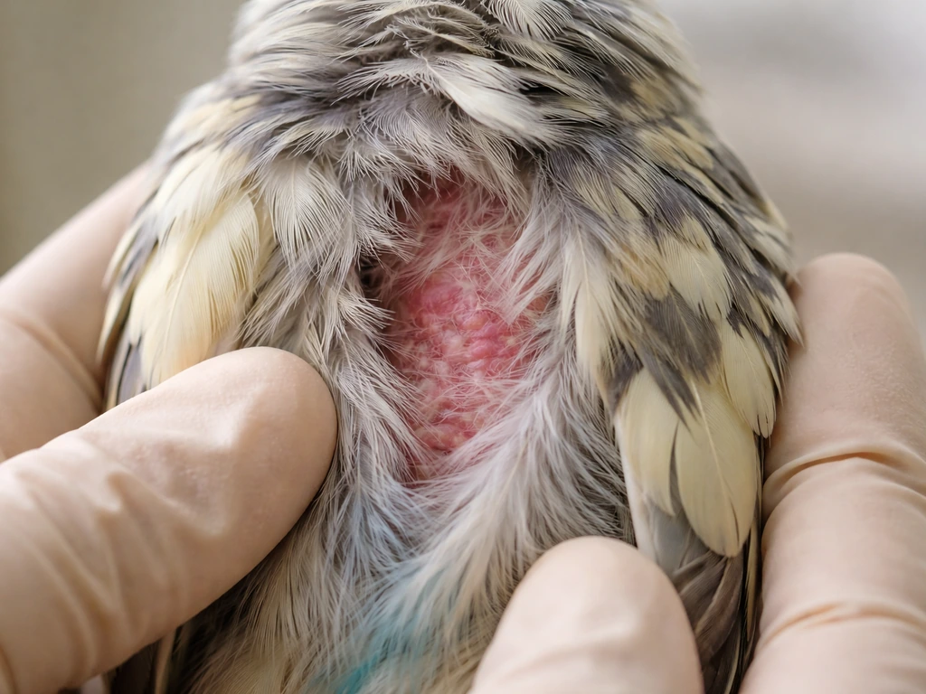 Close-up of a bird with fluffed ruffled feathers and slight skin exposure while being gently handled