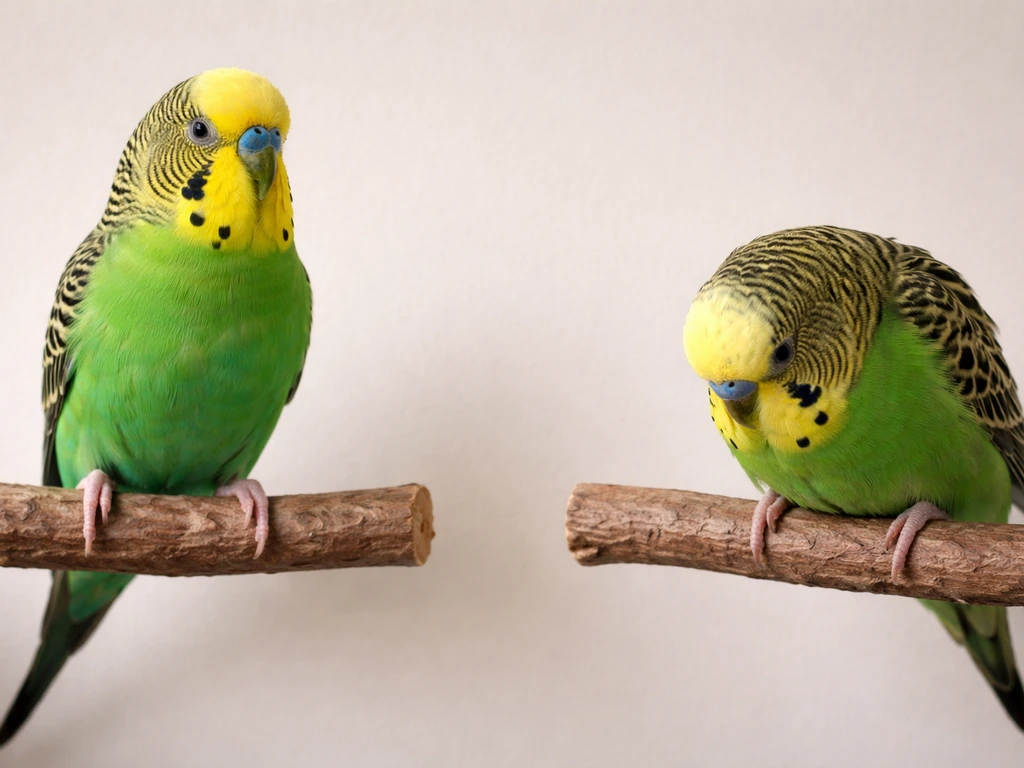 Two small birds on wooden perches showing contrasting healthy upright posture vs hunched sick posture.