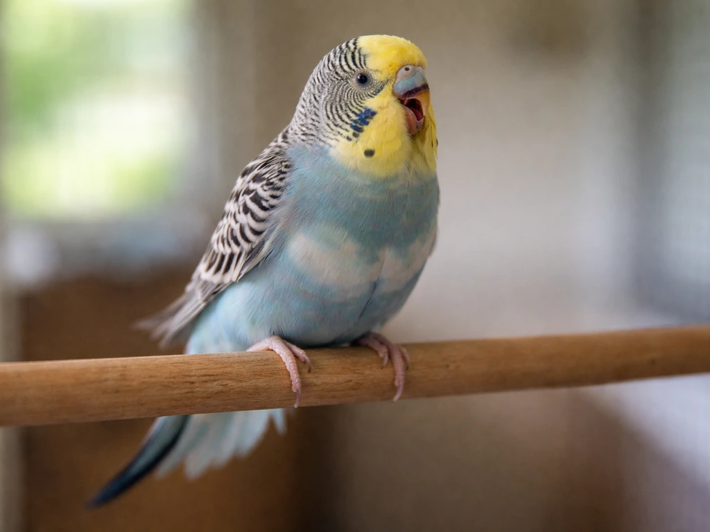Close-up of a small pet bird perched, tail bobbing as it breathes with slight open-mouth posture.