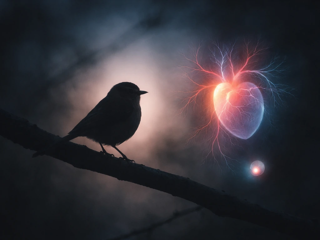 A dark bird silhouette beside a subtle glowing heart and dim oxygen-like light, suggesting shock.