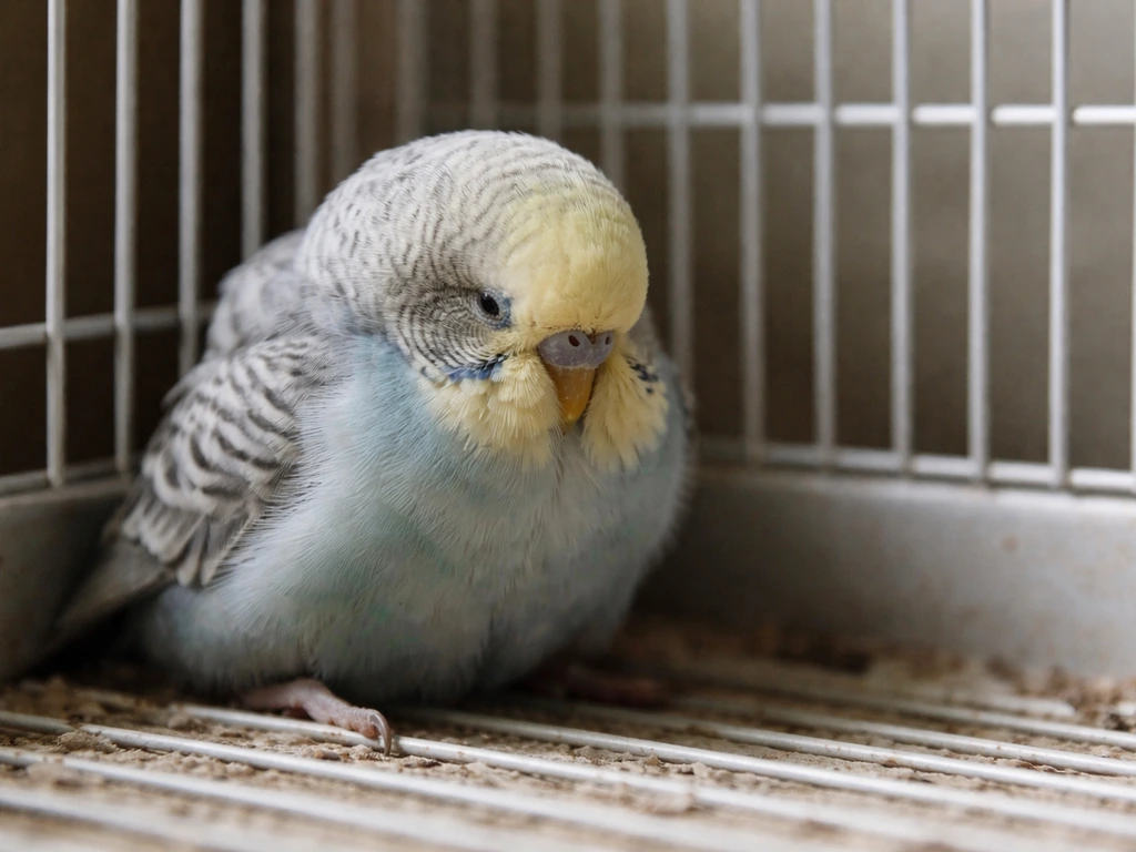 Small pet bird huddled on cage floor with puffed feathers, head tucked, eyes partially closed.