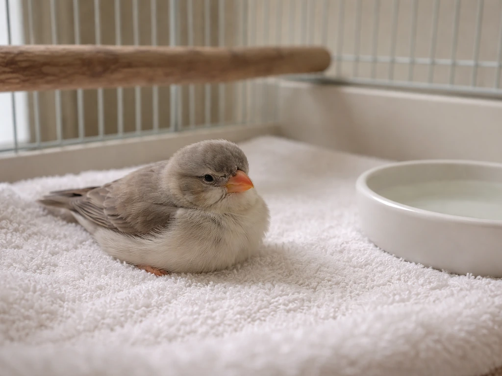 Small finch resting weakly near a perch and water dish in a calm indoor birdcage.
