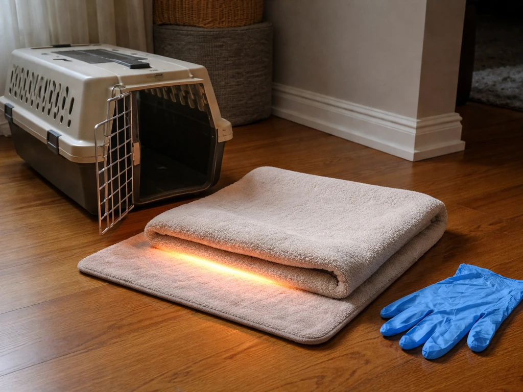 Warm heat pad beside an open bird carrier and towel, with gloves nearby for safe at-home triage setup.