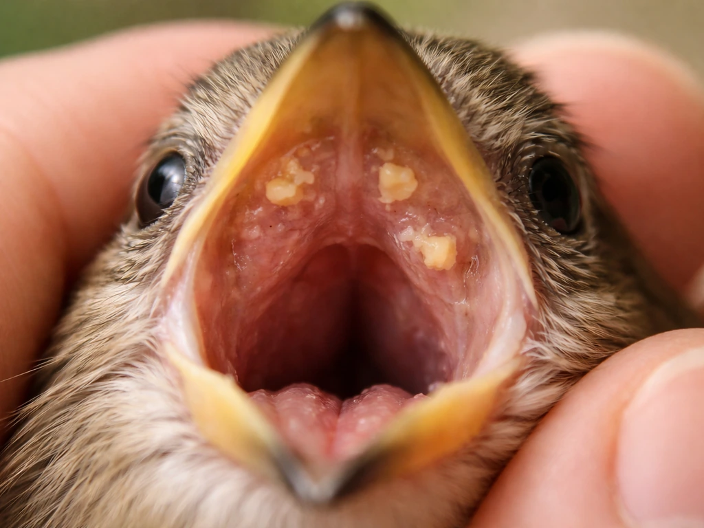 Close-up of a bird’s mouth roof showing small yellowish and whitish cheese-like plaques.